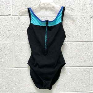 90’s Vintage Speedo Front Zip One Piece Swimsuit Size 10 Black Blue Colorblock